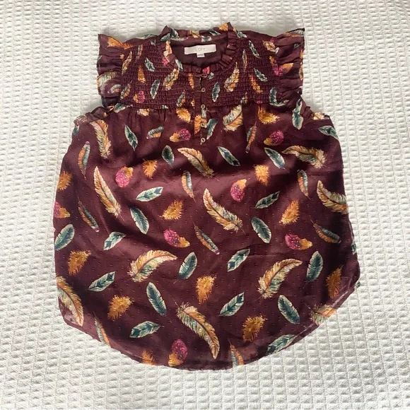 LOFT Maroon Multicolor Feather Print Top Small - Picture 1 of 6